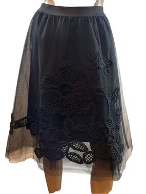 Maeve Black Lace-Embroidered Tulle Midi Skirt